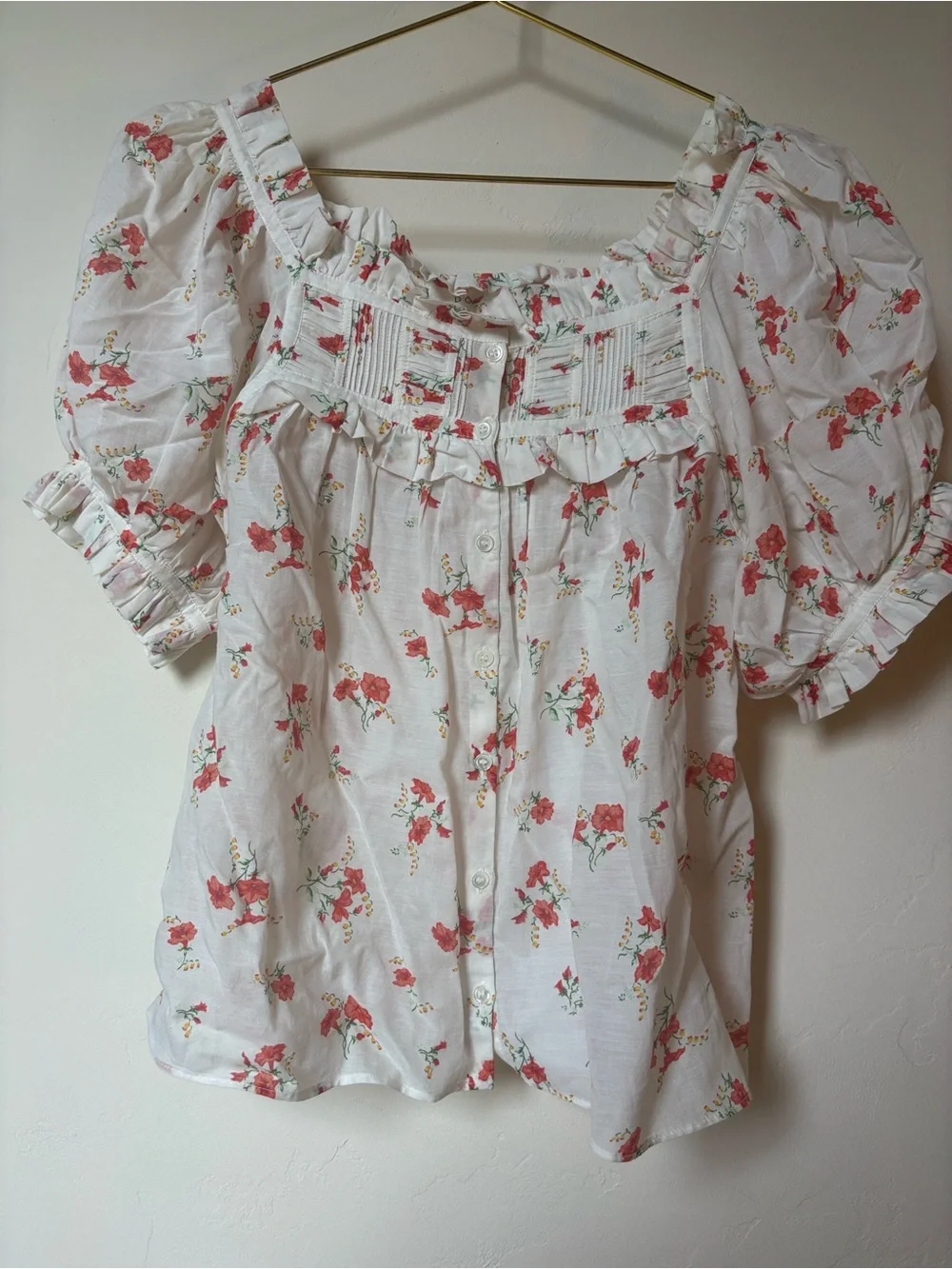 Doen Farley White Blouse with Coral Floral Print
